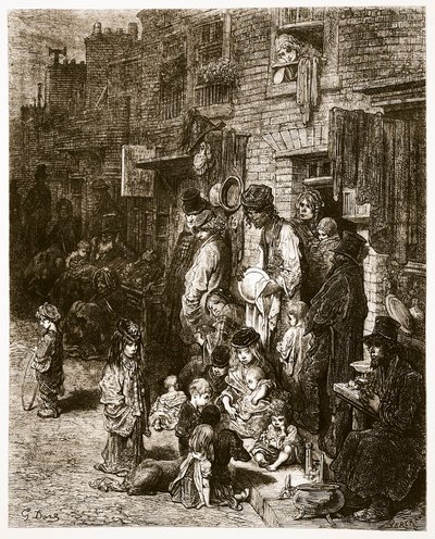 Wentworth Street - Whitechapel, "London, a Pilgrimage", kirjoittanut William Blanchard Jerrold (1826-84) ja kaivertanut A. Bertrand, pubi. 1872 (kaiverrus) tekijältä Gustave Dore