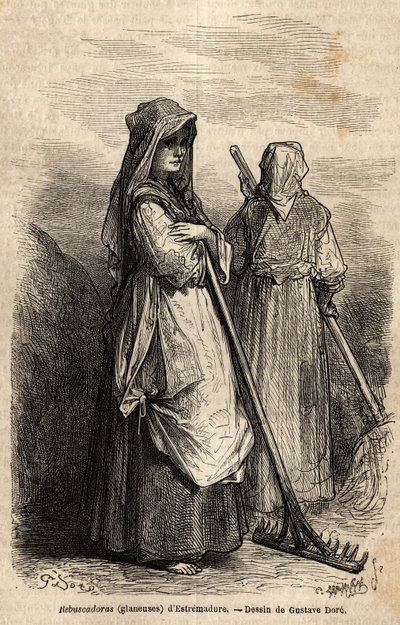 Estremaduren keräilijät isoilla puisilla haravoillaan poimimaan sadonkorjuun jälkeen pelloille unohtuneen sadon osan. Gustave Doren (1832-1883) kuvittaja ja Baron Ch. Davillier reagoi tekijältä Gustave Dore