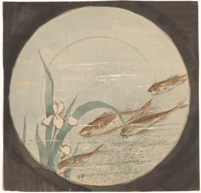 Suunnittelu lautaselle, jossa neljä ruskeaa kalaa ui ylöspäin lähellä valkoista iiristä tekijältä Gustave Fraipont (signed by artist)