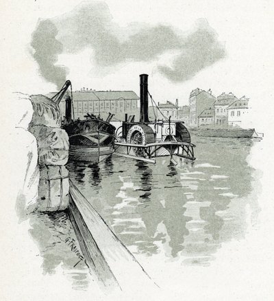 Veneet kiinnittymässä La Villetten satamaan, Pariisiin (Veneet La Villetten satamassa, Pariisi) Gustave Fraipontin (1849-1923) piirustus Saint-Juirsin teoksesta "La seine a travers Paris" tekijältä Gustave Fraipont