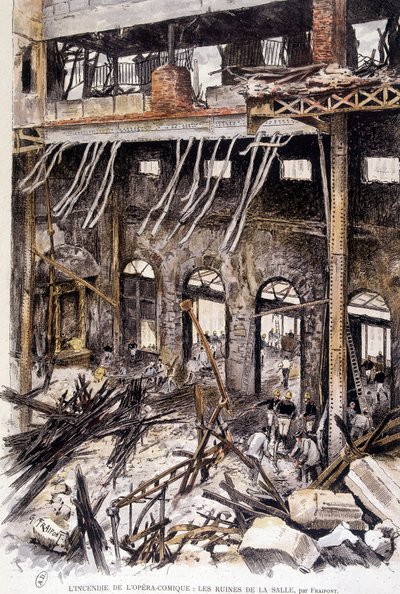 Palomiehet työskentelevät Opera comique de Parisin huoneen raunioissa tulipalon jälkeen, Fraipont tekijältä Gustave Fraipont