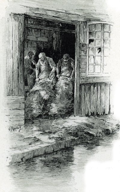Megissiers de la rue des gobelins Pariisissa (Rue des Gobelins -kadulla, Pariisin parittajat työskentelevät nahkojen ja eläinten nahat) Gustave Frainpontin (1849-1923) piirustus on Saint-Juirsin teoksesta "La seine a travers Paris" tekijältä Gustave Fraipont