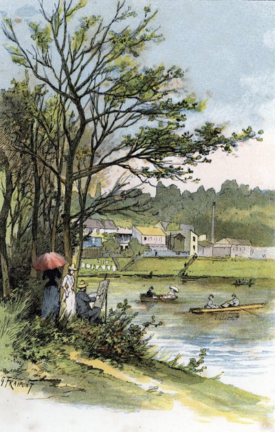 Sunnuntairattaat nuotalla Bas-Meudonissa (Meudon-sur-Seine) Gustave Fraipontin (1849-1923) piirustus Saint-Juirsista tekijältä Gustave Fraipont