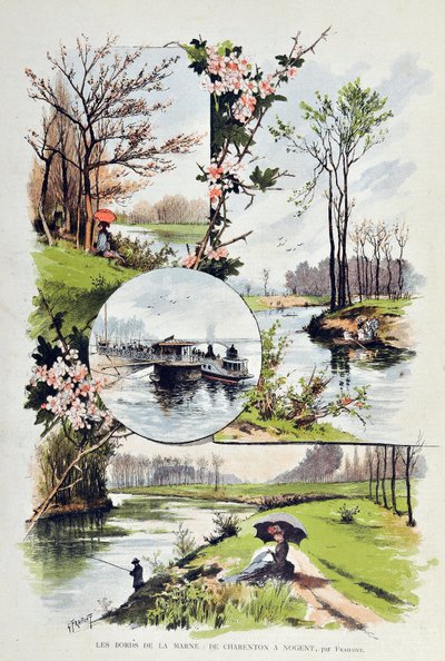Marnen reuna: Charentonista Nogentiin vuonna 1887. Gustave Fraipontin kuvitus (1849-1923) Kaiverrus vuodelta 1887 “” Paris-Illustrous Journal Weeklyssä””. tekijältä Gustave Fraipont