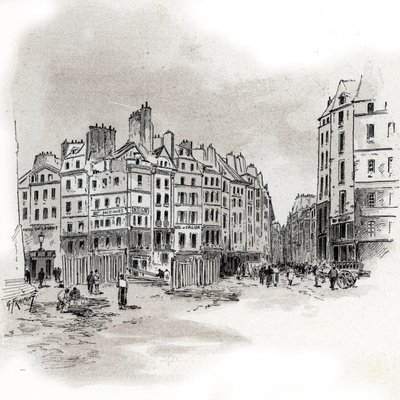 Näkymä Place Maubert, Pariisi Gustave Fraipontin (1849-1923) piirustus Saint-Juirsin teoksesta "La seine a travers Paris" tekijältä Gustave Fraipont