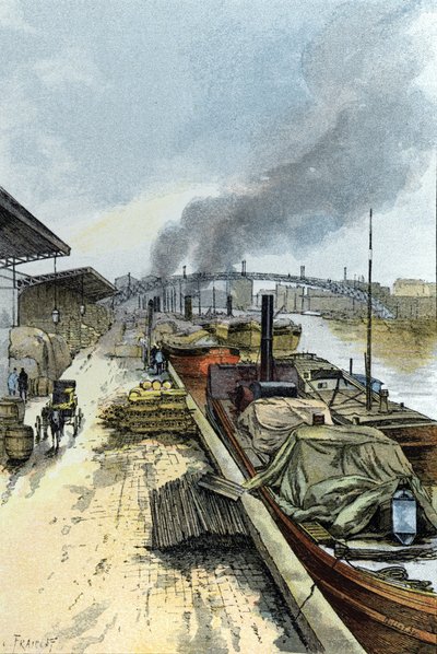Näkymä Canal de la Villette -kanavalle Pariisissa Gustave Fraipontin (1849-1923) piirustus Saint-Juirsista tekijältä Gustave Fraipont