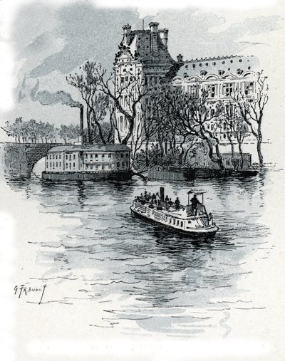 Näkymä Pavillon de Florelle, Palais du Louvre, Quai Voltairesta, Pariisista (Näkymä Louvren palatsin Pavillon de Flore -osaan quai Voltairesta, Pariisista) Gustave Fraipontin (1849-1923) piirustus Saint-Juirsista tekijältä Gustave Fraipont