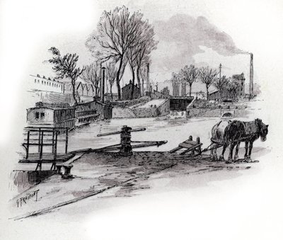 Näkymä Saint-Denis-kanavalle ja quai de la Gironde a la Villette, Pariisi (Näkymä Saint Denisin ja quai de la Gironden kanavalle Villetten alueella, Pariisi) Gustave Fraipontin (1849-1923) piirustus Saint-Juirsista tekijältä Gustave Fraipont