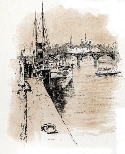 Vista da empresa Seine et Thames cujos barcos conectam Paris e Londres Desenho de Gustave Fraipont (1849-1923) baseado em “La seine a travers Paris” de Saint-Juirsfinnish tekijältä Gustave Fraipont