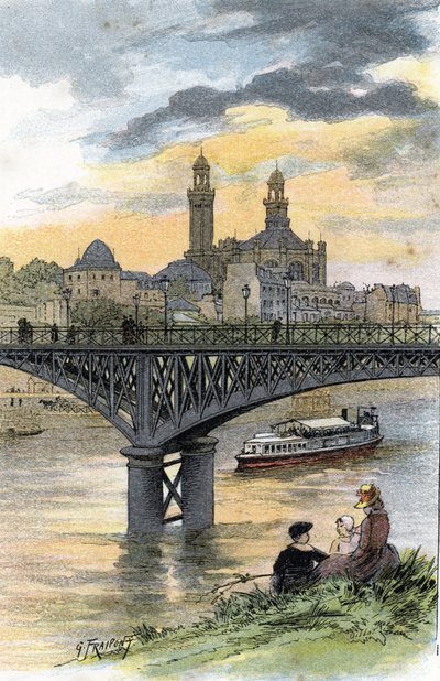Näkymä Passyn kävelysillalta (nykyisin Bir Hakeimin silta) Pariisissa Gustave Fraipontin (1849-1923) piirustus Saint-Juirsista tekijältä Gustave Fraipont