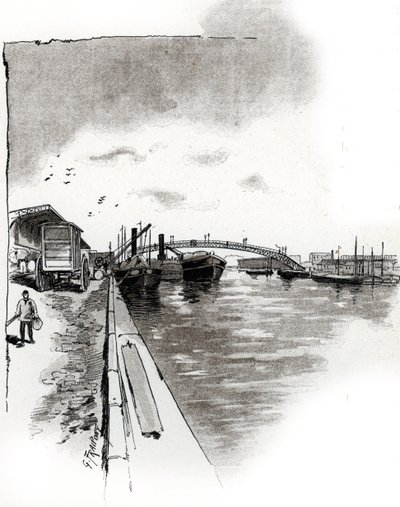 Näkymä Canal de la Villetten kävelysillalle, Pariisi (Canal de la Villetten jalkakäytävä, Pariisi) Gustave Fraipontin (1849-1923) piirustus Saint-Juirsin teoksesta "La seine a travers Paris" tekijältä Gustave Fraipont