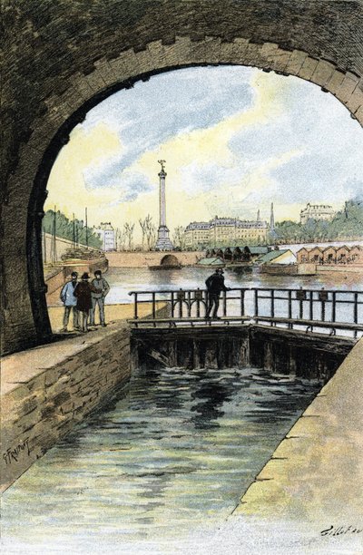 Näkymä Saint Martinin kanavan sulusta Pariisissa Gustave Fraipontin (1849-1923) piirustus Saint-Juirsin teoksesta "La seine a travers Paris" tekijältä Gustave Fraipont