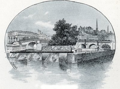 Näkymä Monnaien lukosta, Hotel des Monnaien edessä Pariisissa Gustave Fraipontin (1849-1923) piirustus Saint-Juirsin teoksesta "La seine a travers Paris" tekijältä Gustave Fraipont