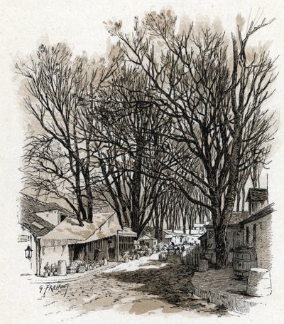 Näkymä rue Leopoldin uudesta varastosta, bercy Paris (Näkymä rue Leopoldin varastosta bercyssä, Pariisi) Gustave Fraipontin (1849-1923) piirustus Saint-Juirsin teoksesta "La seine a travers Paris" tekijältä Gustave Fraipont