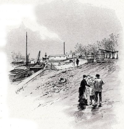 Näkymä Seine-joen rannoille ja quai Saint-Bernard, Pariisi Gustave Fraipontin (1849-1923) piirustus Saint-Juirsin teoksesta "La seine a travers Paris" tekijältä Gustave Fraipont