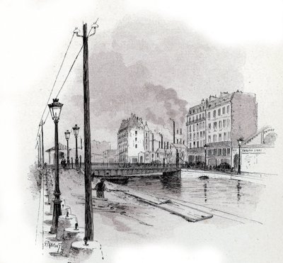 Näkymä quai de Valmyn heiluvasta sillasta Saint Martinin kanavalla, Pariisi Gustave Fraipontin (1849-1923) piirustus Saint-Jursista tekijältä Gustave Fraipont