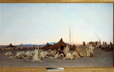 Iltarukous Saharan aavikon yksityiskohdassa. Gustave Achille Guillaumetin (1840-1887) maalaus 1863 su. 1,3x2,8 m. Paris, musee d