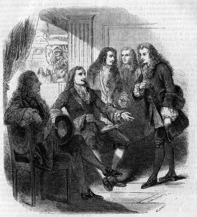 Venäjän tsaari Pietari Suuren (1672-1725) ja Voltairen (Francois Marie Arouet) (1694-1778) kohtaaminen. Kaiverrus Gustave Janet tekijältä Gustave Janet