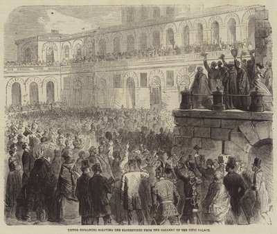 Victor Emmanuel tervehti firenzeläisiä Pittin palatsin galleriasta tekijältä Gustave Janet