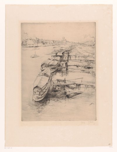 Ankkuroidut veneet Auteuilissa, Pariisissa Les bateaux Parisiens, Auteuil tekijältä Gustave Leheutre (signed by artist)