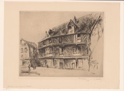 Katu taloineen ja kävelijöiden Chartressa La maison du saumon (Chartres) (otsikko esineessä) tekijältä Gustave Leheutre (signed by artist)
