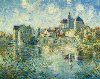 Moret-sur-Loing, silta ja kirkko; Moret-sur-Loing, silta ja kirkko, n. 1935 tekijältä Gustave Loiseau