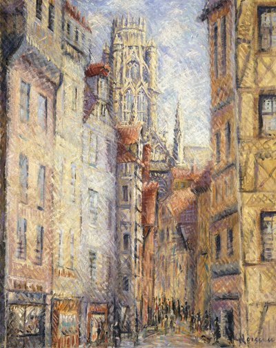 Rouen, katu kirkon vieressä; Rouen, rue avec L "Eglise, n.1920 tekijältä Gustave Loiseau