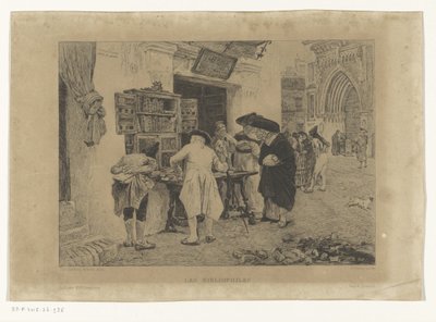 Miehet kokoontuivat kirjakaupan näyttelyn ympärille Les Bibliophiles (otsikko esineessä) tekijältä Gustave Marie Greux