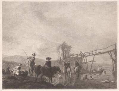 Lepo- ja uimahahmot pankissa Die pferdetränke (otsikko esineessä) tekijältä Gustave Marie Greux