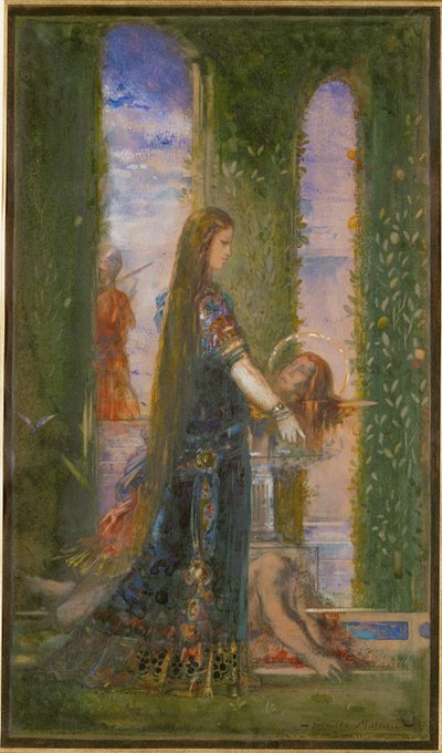 Salome puutarhassa tai Salome kantamassa Johannes Kastajan päätä (akvarelli ja guassi paperille). tekijältä Gustave Moreau