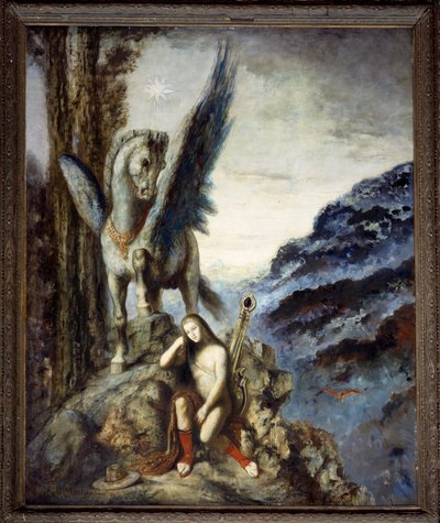 Matkustajarunoilija Meditoiva mietteliäs matkustaja lähellä hevossiipeä Pegase. Gustave Moreaun maalaus tekijältä Gustave Moreau