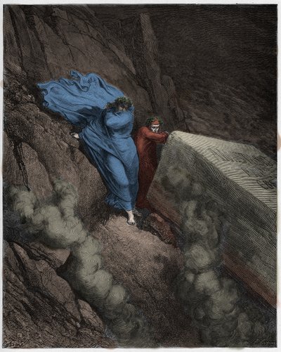 Inferno, Canto 11 : Paavi Anastasius II:n palava hauta (Anastase II), kuvitus Dante Alighierin jumalallisesta komediasta, 1885 (digitaalisesti värillinen kaiverrus) tekijältä Gustave after Dore