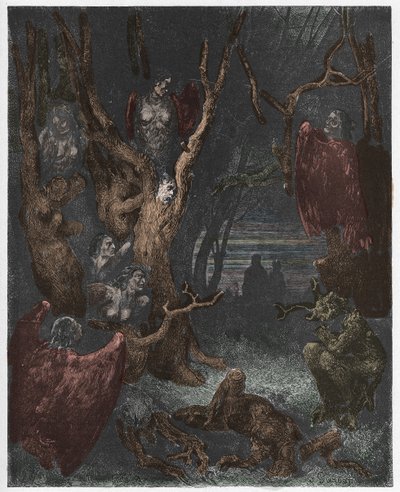 Inferno, Canto 13: Harpiet itsemurhien metsässä, kuvitus Dante Alighierin jumalallisesta komediasta, 1885 (digitaalivärinen kaiverrus) tekijältä Gustave after Dore