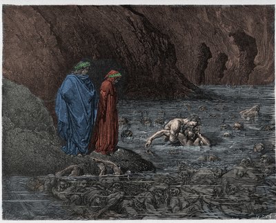 Inferno, laulu 32 : Ugolino (Ugolin della Gherardesca) jyrsii arkkipiispa Ruggierin (Ruggeri Ubaldini) päätä, kuvitus Dante Alighierin teoksesta Jumalainen komedia, 1885 (digitaalisesti väritetty e tekijältä Gustave after Dore