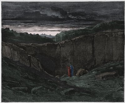 Inferno, Canto 3: Vergilius ja Dante helvetin porteilla, kuvitus Dante Alighierin jumalallisesta komediasta, 1885 (digitaalivärinen kaiverrus) tekijältä Gustave after Dore