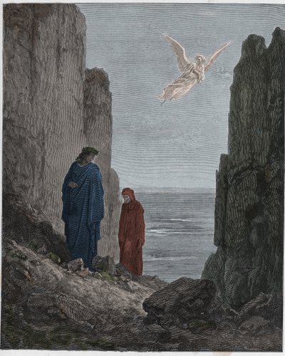 Purgatorio, laulu 19 : Runoilijat nousevat viidenteen ympyrään, kuvitus Dante Alighierin teoksesta Divine Comedy, 1885 (digitaalisesti väritetty kaiverrus). tekijältä Gustave after Dore