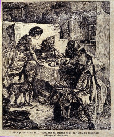 Hänen ensimmäinen huolensa oli ajaa ne keittiöön ja ruokkia... Kuvitus Prosper Merimeen kirjoittamasta uudesta "" Colombasta". Kaiverrus Gustavino (Gustavo Rosso) (1881-1950), noin 1915 tekijältä Gustavo Gustavino Rosso