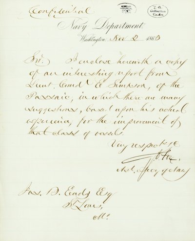 Kirje allekirjoitettu G.V. Fox, Navy Department, Washington, Jasille. B. Eads [James B. Eads], St.Louis, Mo., 2. marraskuuta 1863 tekijältä Gustavus Vasa Fox