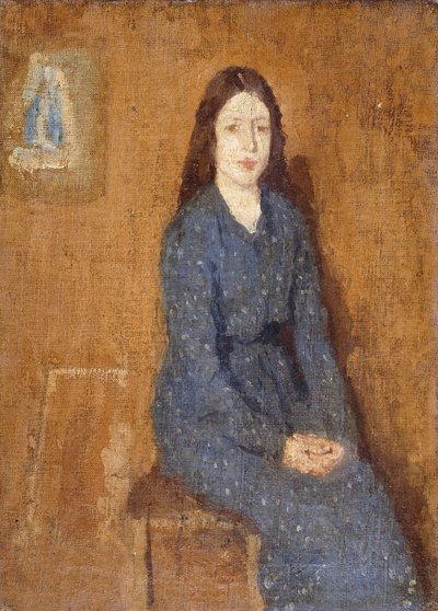 Istuva tyttö, jolla on täplikäs sininen mekko, 1914-15 tekijältä Gwen John
