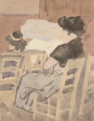 Nainen ja nuori tyttö kirkon sisätiloissa (akvarelli paperille) tekijältä Gwen John