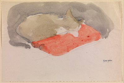 Kissa nukkuu punaisella tyynyllä (guassi ja kynä paperilla) tekijältä Gwen John