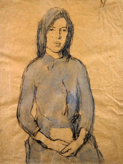Tyttö, kädet sylissään (kynä ja akvarelli paperille) tekijältä Gwen John