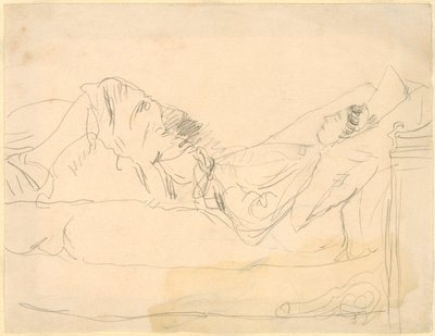 Tyttö makaa sängyllä (lyijykynä paperille) tekijältä Gwen John