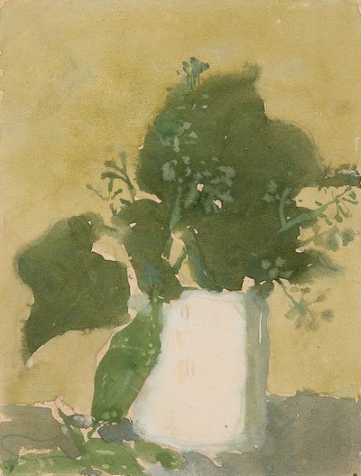 Vihreitä lehtiä valkoisessa kannussa (vesiväri, guassi ja lyijykynä paperille). tekijältä Gwen John