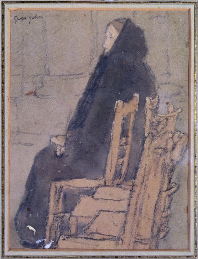 Vanha nainen mustassa huivissa (akvarelli, vartaloväri ja musta värikynä beigelle paperille) tekijältä Gwen John