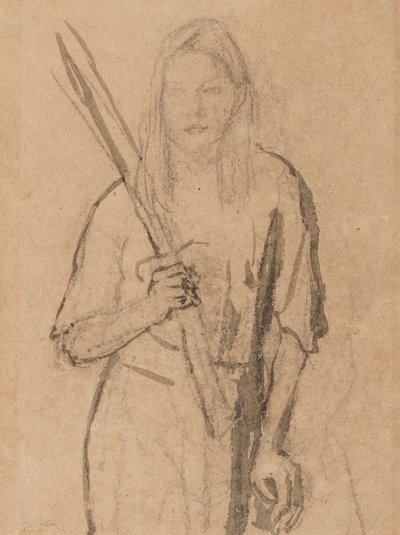 Pysyvä tyttö puutolppa kädessään (kynä ja pesu paperille) tekijältä Gwen John