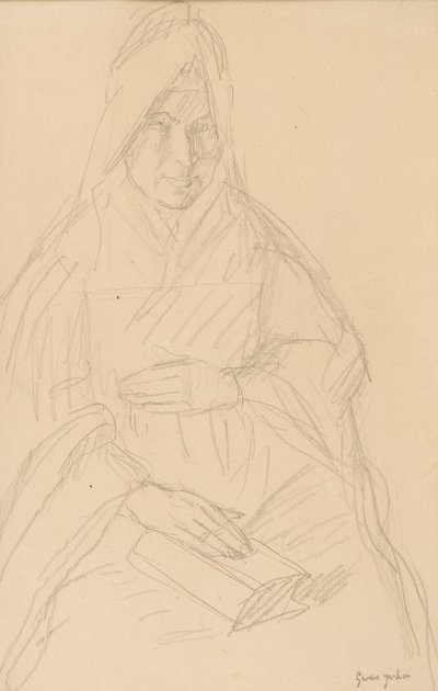 Tutkimus Mere Poussepinia varten pöydän ääressä istuen, n.1915. tekijältä Gwen John