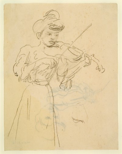 Nainen seisoo ja soittaa viulua (lyijykynä paperille) tekijältä Gwen John