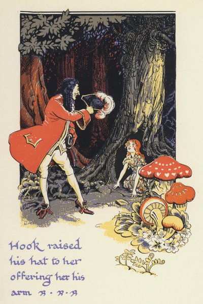 Peter Pan ja Wendy: Koukku kohotti hattua hänelle tarjoten hänelle kätensä (väri litho) tekijältä Gwynedd M. Hudson
