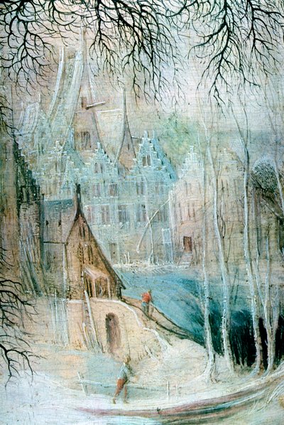 "Talvimaisema puuhakkurin kanssa", yksityiskohta, c1606-1656 tekijältä Gysbrecht Leytens